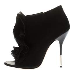 Giuseppe Zanotti Black Suede Peep Toe Silk Ruffle Detail Ankle Booties Size 40.5