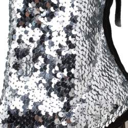 Pre Owned Giuseppe Zanotti Metallic Silver Sequin Stretch Ankle Boots Size 37