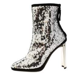 Pre Owned Giuseppe Zanotti Metallic Silver Sequin Stretch Ankle Boots Size 37