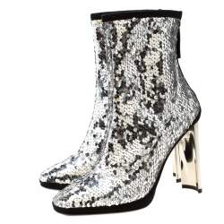 Pre Owned Giuseppe Zanotti Metallic Silver Sequin Stretch Ankle Boots Size 37