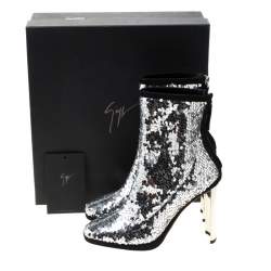 Pre Owned Giuseppe Zanotti Metallic Silver Sequin Stretch Ankle Boots Size 37