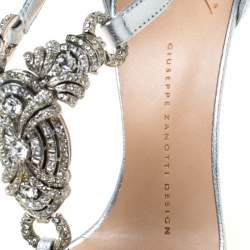Giuseppe Zanotti Metallic Silver Leather Crystal Embellished Open Toe Sandals Size 37.5