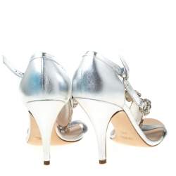 Giuseppe Zanotti Metallic Silver Leather Crystal Embellished Open Toe Sandals Size 37.5