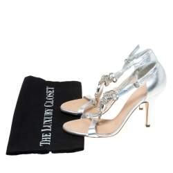 Giuseppe Zanotti Metallic Silver Leather Crystal Embellished Open Toe Sandals Size 37.5