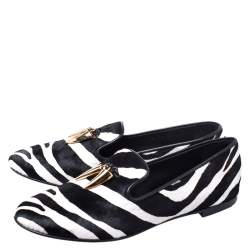 Pre Owned  Giuseppe Zanotti Zebra Print Calfhair Shark Tooth Smoking Slippers Size 40