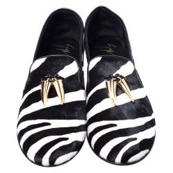 Pre Owned  Giuseppe Zanotti Zebra Print Calfhair Shark Tooth Smoking Slippers Size 40