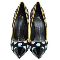 Pre Owned  حذاء كعب عالي جوسيبي زانوتي بمقدمة مدببة ايفت جلد لامع وساتان تنقيط بولكا/ فهد متعدد الألوان مقاس 40