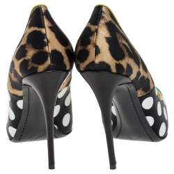 Pre Owned Giuseppe Zanotti Multicolor Leopard/Polka Dots Satin and Patent Leather Yvette Pointed Toe Pumps 37