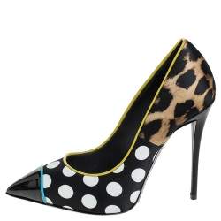 Pre Owned Giuseppe Zanotti Multicolor Leopard/Polka Dots Satin and Patent Leather Yvette Pointed Toe Pumps 37