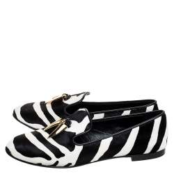 Pre Owned Giuseppe Zanotti Zebra Print Calfhair Lucia Shark Tooth Smoking Slippers Size 38.5
