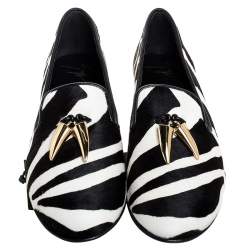 Pre Owned Giuseppe Zanotti Zebra Print Calfhair Lucia Shark Tooth Smoking Slippers Size 38.5