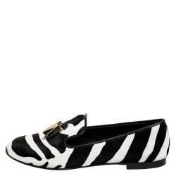 Pre Owned Giuseppe Zanotti Zebra Print Calfhair Lucia Shark Tooth Smoking Slippers Size 38.5
