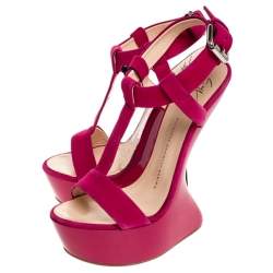 Pre Owned Giuseppe Zanotti Magenta Suede T Strap Sculpted Wedge Sandals Size 36.5