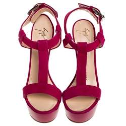 Pre Owned Giuseppe Zanotti Magenta Suede T Strap Sculpted Wedge Sandals Size 36.5