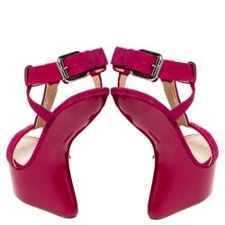 Pre Owned Giuseppe Zanotti Magenta Suede T Strap Sculpted Wedge Sandals Size 36.5