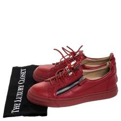Pre Owned Giuseppe Zanotti Red Leather Double Zip Low Top Sneakers Size 38.5