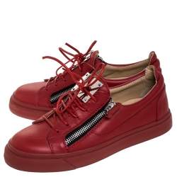 Pre Owned Giuseppe Zanotti Red Leather Double Zip Low Top Sneakers Size 38.5