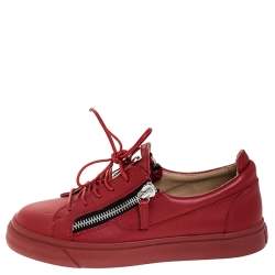 Pre Owned Giuseppe Zanotti Red Leather Double Zip Low Top Sneakers Size 38.5