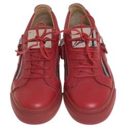 Pre Owned Giuseppe Zanotti Red Leather Double Zip Low Top Sneakers Size 38.5