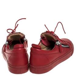 Pre Owned Giuseppe Zanotti Red Leather Double Zip Low Top Sneakers Size 38.5
