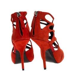 Pre Owned Giuseppe Zanotti Red Suede Cut out Peep Toe Booties Size 37