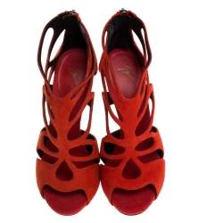 Pre Owned Giuseppe Zanotti Red Suede Cut out Peep Toe Booties Size 37