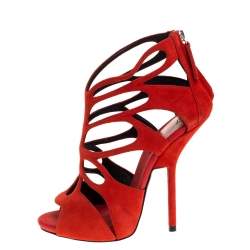 Pre Owned Giuseppe Zanotti Red Suede Cut out Peep Toe Booties Size 37