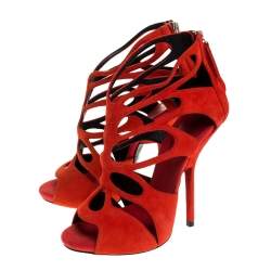 Pre Owned Giuseppe Zanotti Red Suede Cut out Peep Toe Booties Size 37