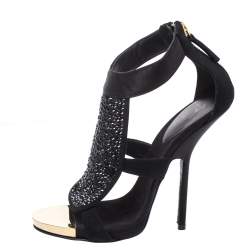 Pre Owned Giuseppe Zanotti Black Satin and Suede Crystal Embellished Ankle Strap Sandals Size 38