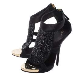 Pre Owned Giuseppe Zanotti Black Satin and Suede Crystal Embellished Ankle Strap Sandals Size 38