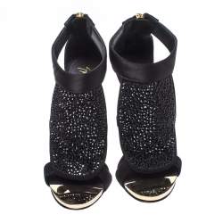 Pre Owned Giuseppe Zanotti Black Satin and Suede Crystal Embellished Ankle Strap Sandals Size 38