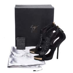 Pre Owned Giuseppe Zanotti Black Satin and Suede Crystal Embellished Ankle Strap Sandals Size 38