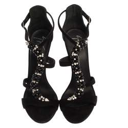 Pre Owned صندل جوسيبي زانوتي طراز سيور مزخرف كريستال سويدي أسود مقاس 37