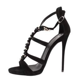 Pre Owned صندل جوسيبي زانوتي طراز سيور مزخرف كريستال سويدي أسود مقاس 37