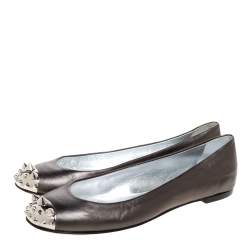 Pre Owned Giuseppe Zanotti Grey Leather Malika Spiked Cap Toe Ballet Flats Size 39.5