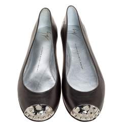 Pre Owned Giuseppe Zanotti Grey Leather Malika Spiked Cap Toe Ballet Flats Size 39.5