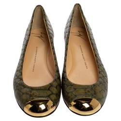 Pre Owned Giuseppe Zanotti Green Python Embossed Leather Metal Cap Toe Ballet Flats Size 39