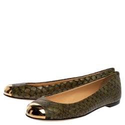 Pre Owned Giuseppe Zanotti Green Python Embossed Leather Metal Cap Toe Ballet Flats Size 39