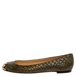 Pre Owned Giuseppe Zanotti Green Python Embossed Leather Metal Cap Toe Ballet Flats Size 39