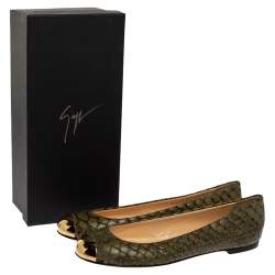 Pre Owned Giuseppe Zanotti Green Python Embossed Leather Metal Cap Toe Ballet Flats Size 39