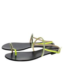 Pre Owned Giuseppe Zanotti Green Leather Crystal Embellished Toe Ring Slingback Flat Sandals Size 40
