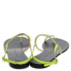 Pre Owned Giuseppe Zanotti Green Leather Crystal Embellished Toe Ring Slingback Flat Sandals Size 40