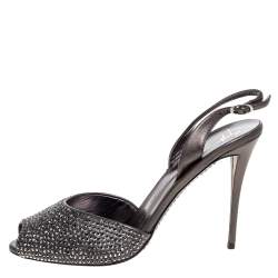 Pre Owned Giuseppe Zanotti Grey Leather Crystal Embellished Slingback Peep Toe Sandals Size 40