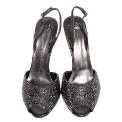 Pre Owned Giuseppe Zanotti Grey Leather Crystal Embellished Slingback Peep Toe Sandals Size 40
