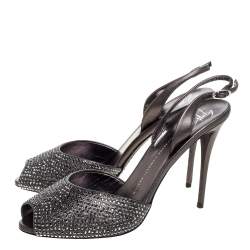 Pre Owned Giuseppe Zanotti Grey Leather Crystal Embellished Slingback Peep Toe Sandals Size 40