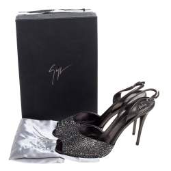 Pre Owned Giuseppe Zanotti Grey Leather Crystal Embellished Slingback Peep Toe Sandals Size 40