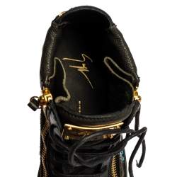 Pre Owned Giuseppe Zanotti Black Dragon Embroidered Leather Double Zip High Top Sneakers Size 37