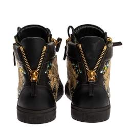 Pre Owned Giuseppe Zanotti Black Dragon Embroidered Leather Double Zip High Top Sneakers Size 37