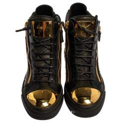 Pre Owned Giuseppe Zanotti Black Dragon Embroidered Leather Double Zip High Top Sneakers Size 37