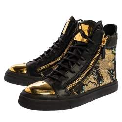 Pre Owned Giuseppe Zanotti Black Dragon Embroidered Leather Double Zip High Top Sneakers Size 37